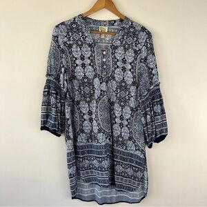 Anthropologie Fig & Flower Bohemian Rayon Balloon Sleeve Tunic Blouse L